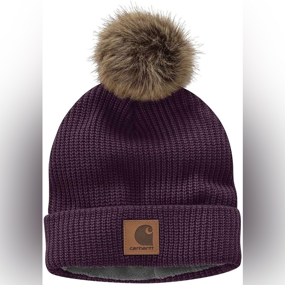⬇️ Carhartt Dark Purple Beanie with Fluffy Gray Pom